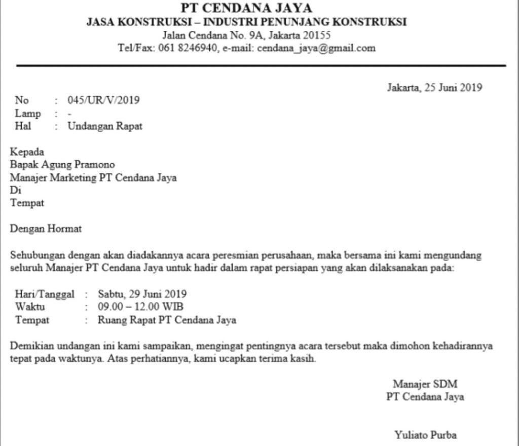 contoh surat undangan rapat peresmian perusahaan
