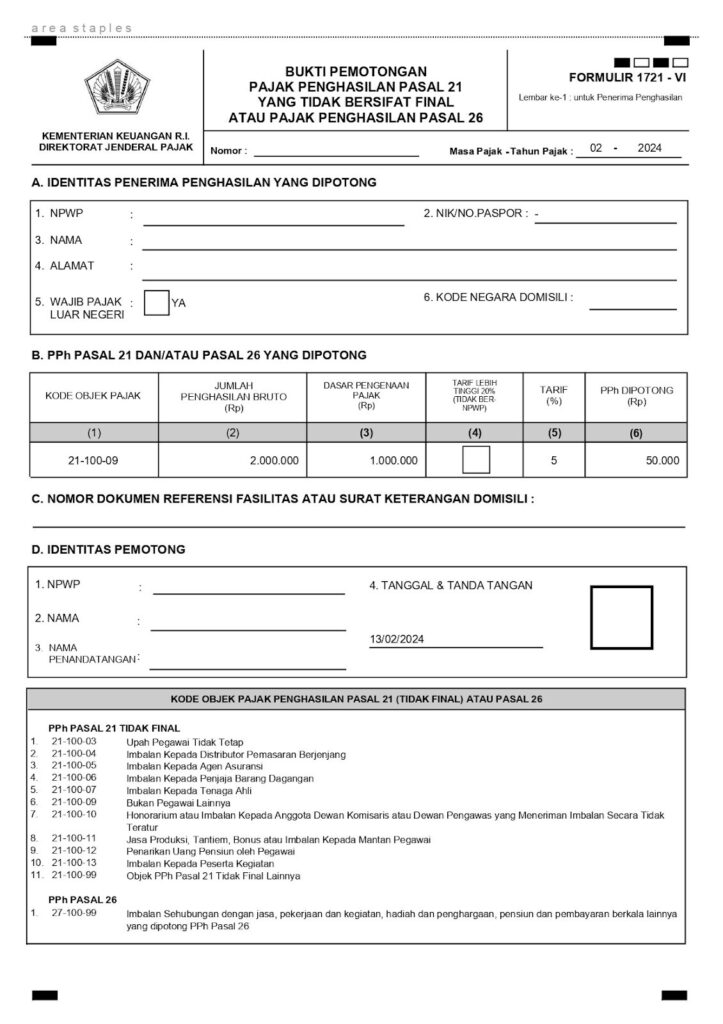 Contoh Bukti Potong Pajak