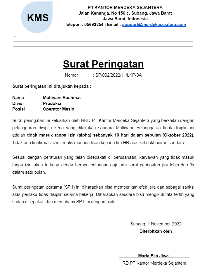 contoh surat peringatan karyawan