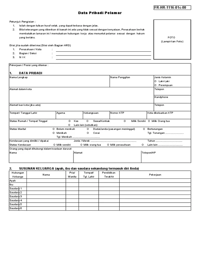 Contoh Form Data Diri Pelamar Word