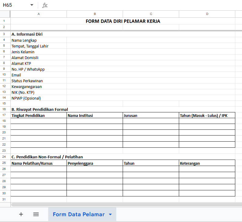 Contoh Form Data Diri Pelamar Excel