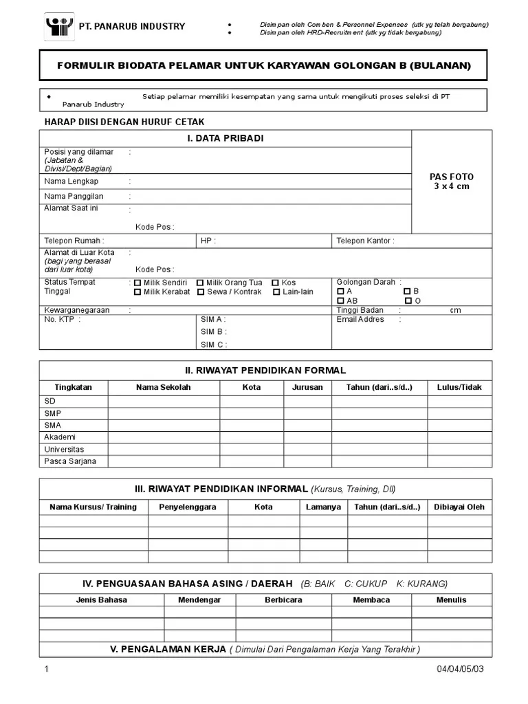 Contoh Form Data Diri Pelamar Lengkap