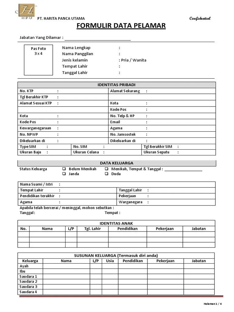 Contoh Form Data Pelamar PDF