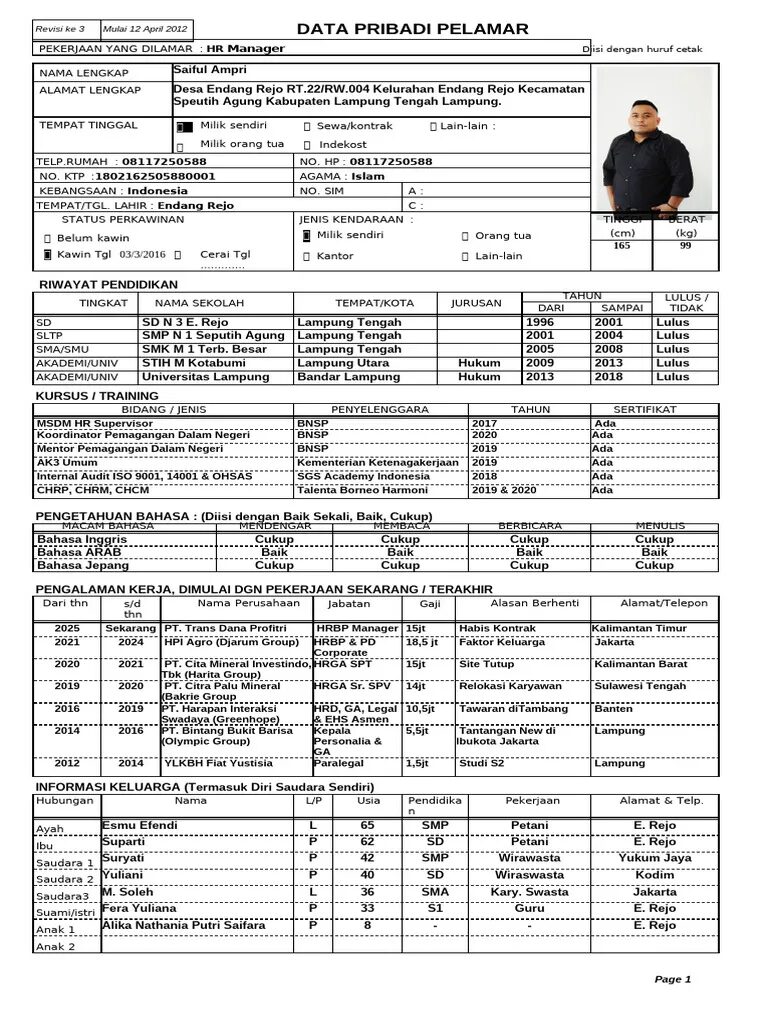 Contoh Form Data Pelamar untuk Posisi Profesional