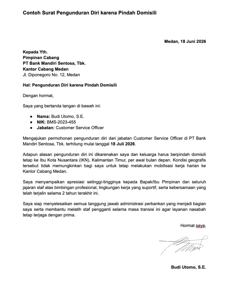 Contoh Surat Pengunduran Diri karena Pindah Domisili