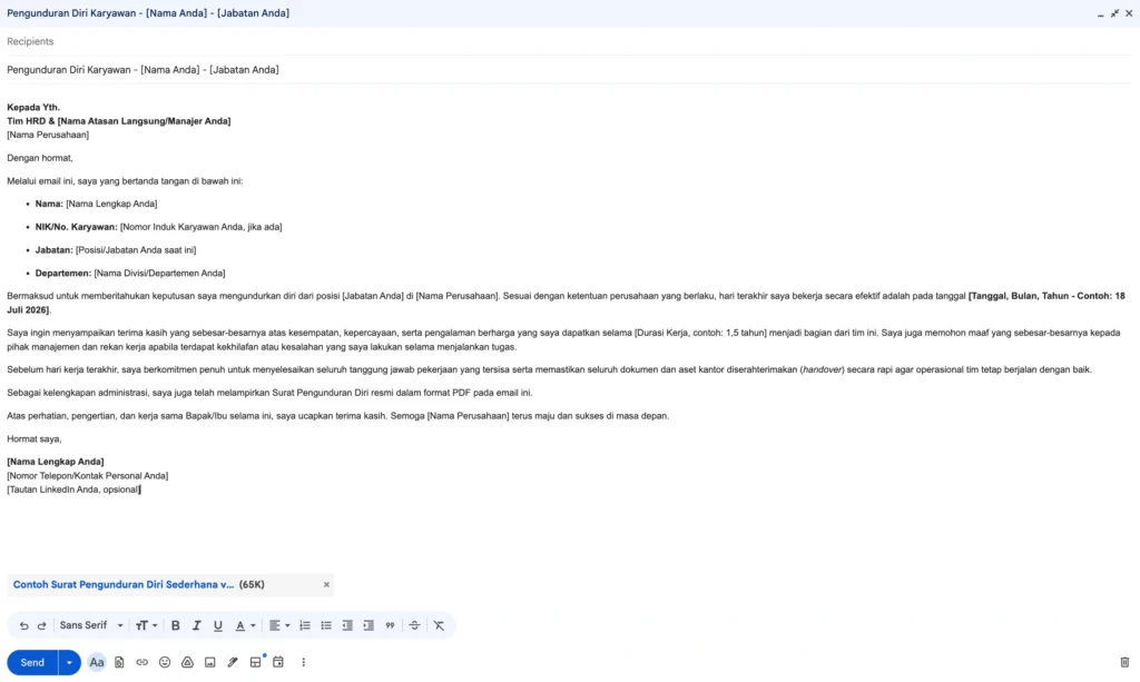 Contoh Surat Pengunduran Diri Sederhana via Email