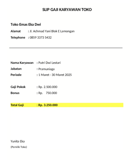 Contoh Slip Gaji Karyawan Toko