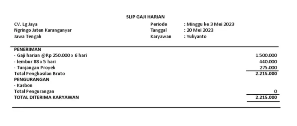 Contoh Slip Gaji Karyawan Harian