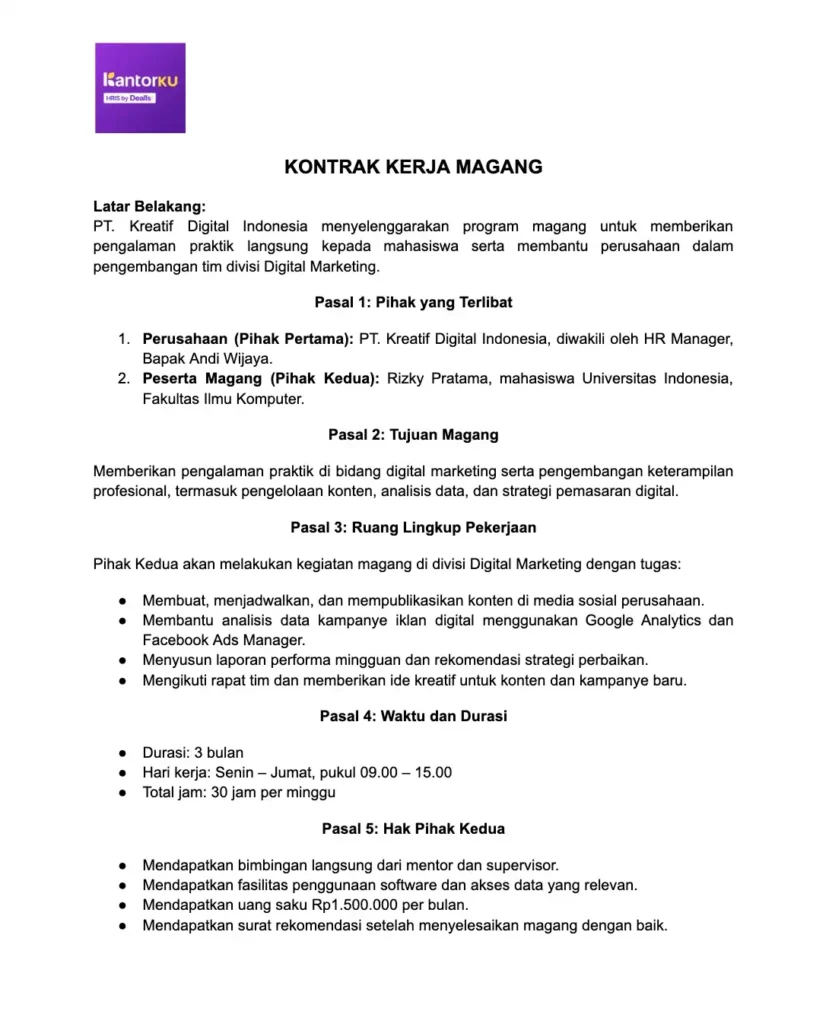 Contoh Kontrak Kerja Magang