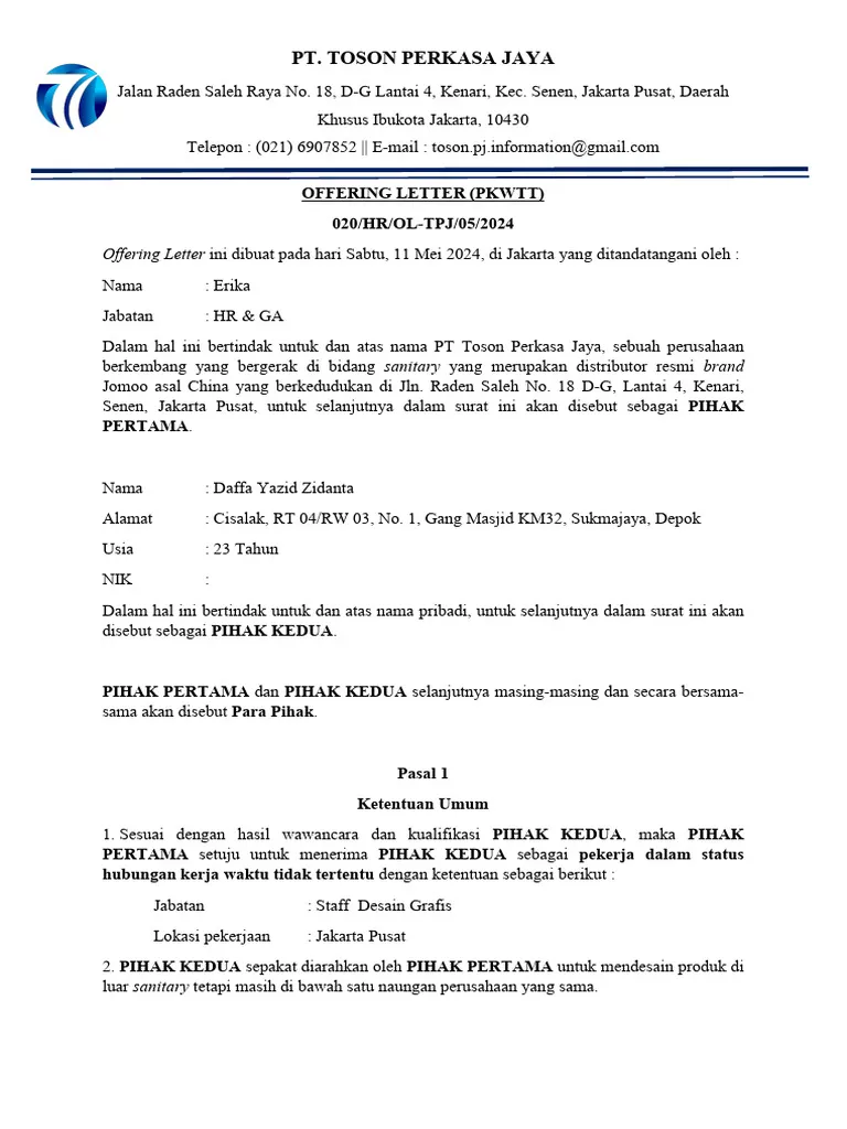 Contoh Offering Letter Fresh Graduate
