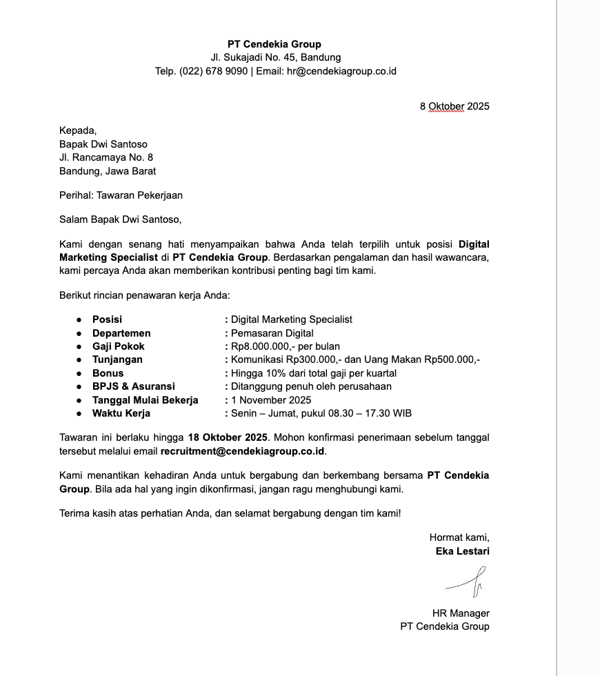 Contoh Offering Letter Gaji