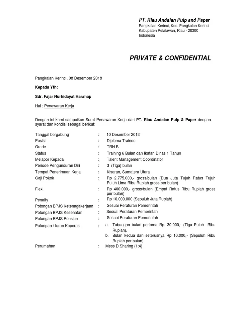 Contoh Offering Letter Karyawan Baru