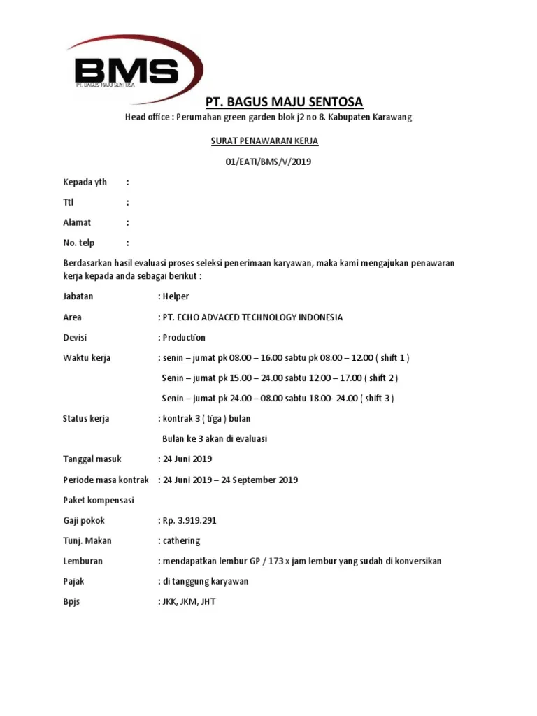 Contoh Offering Letter Kerja