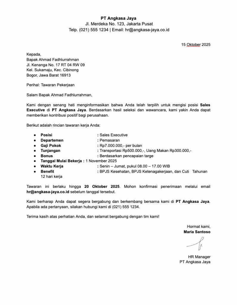 Contoh Offering Letter Word
