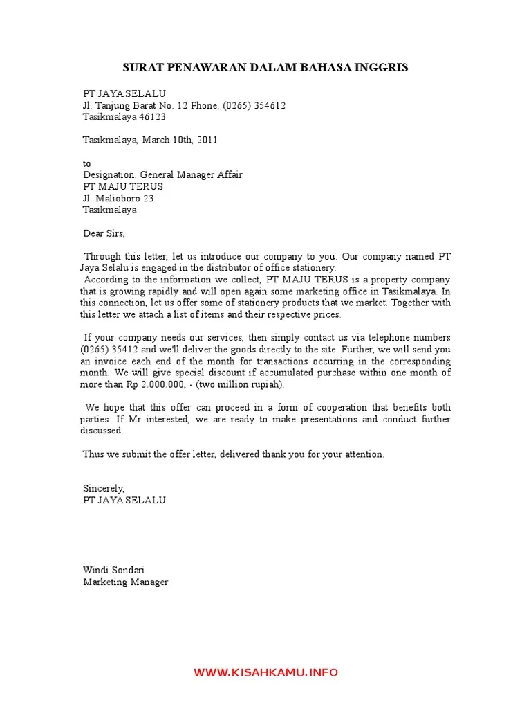 Contoh Offering Letter in English