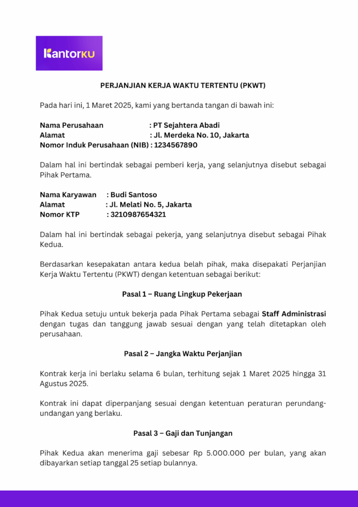 contoh kontrak kerja pkwt