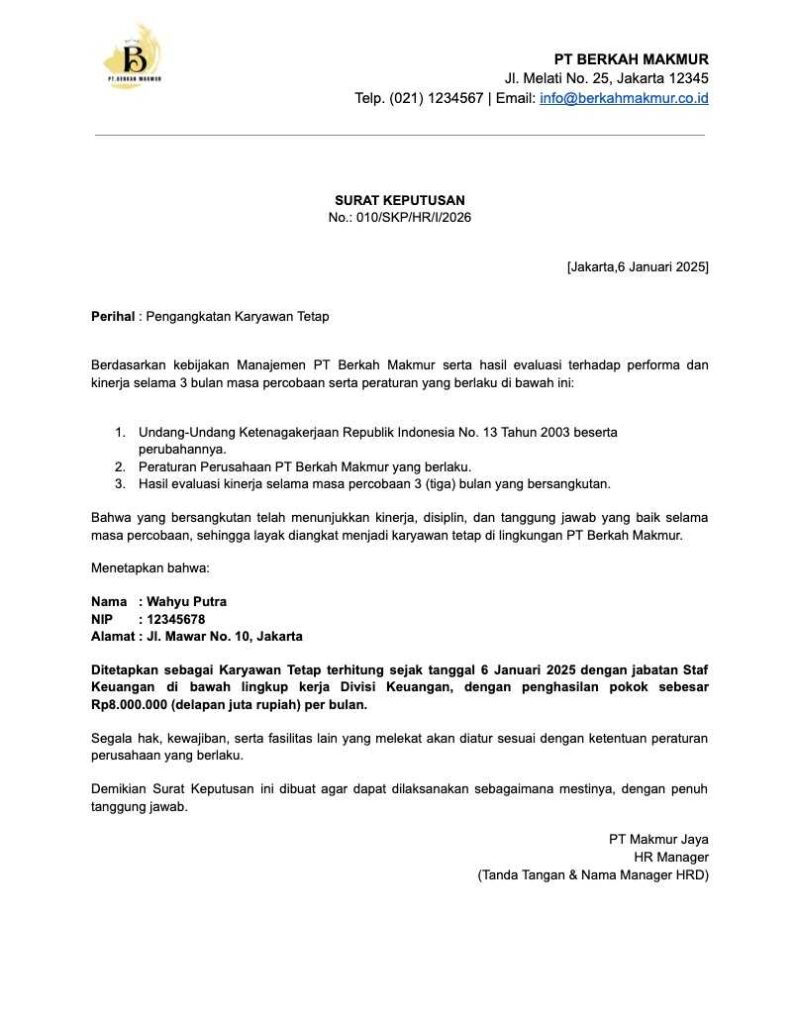 Download Contoh Surat Pengangkatan Karyawan Tetap