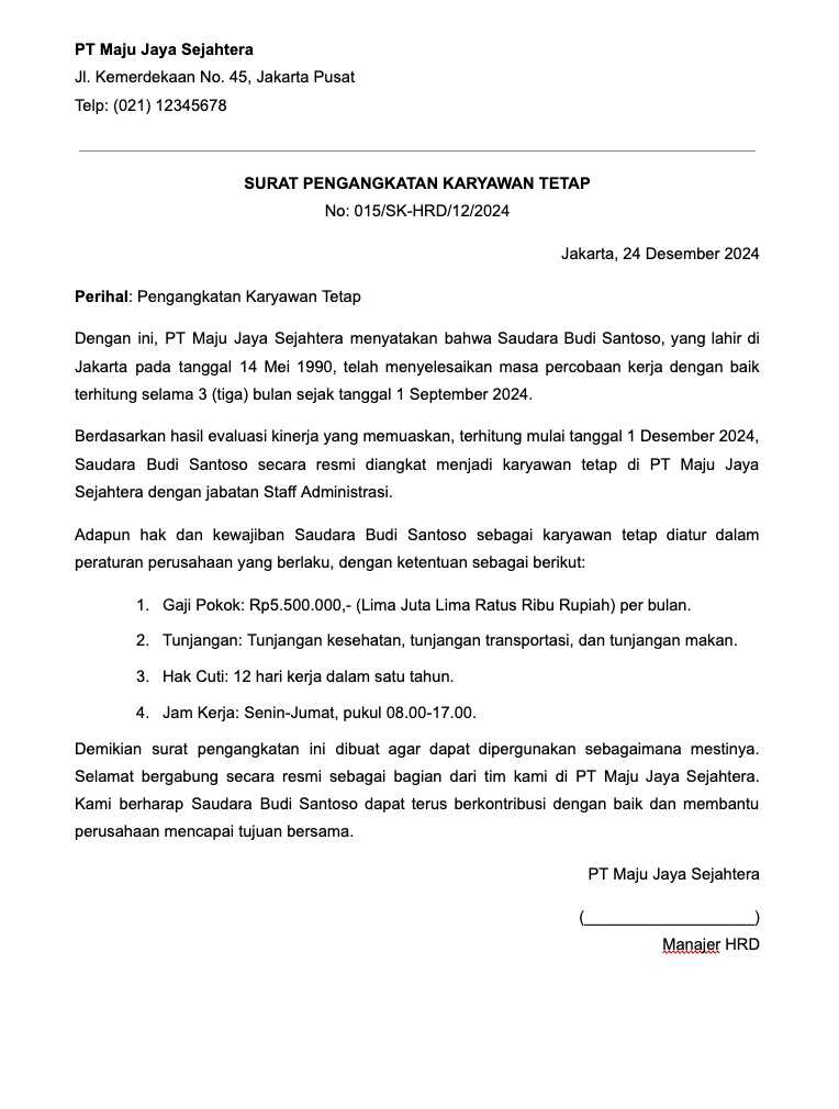 Download Contoh Surat Pengangkatan Karyawan Tetap
