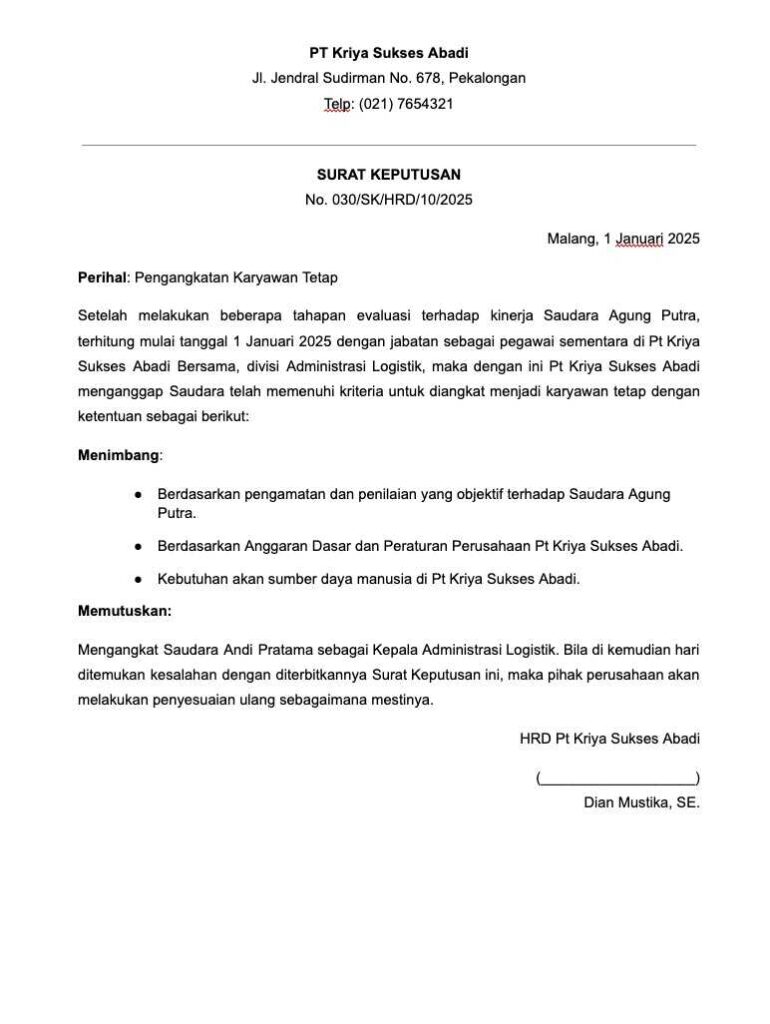Download Contoh Surat Pengangkatan Karyawan Tetap
