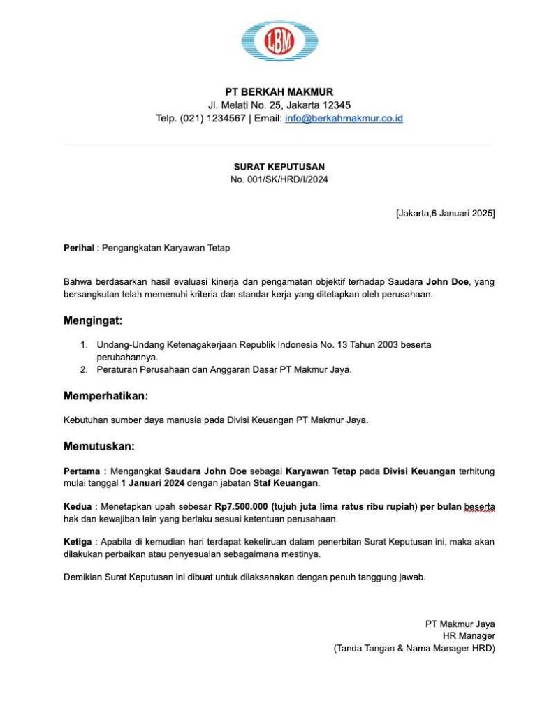 Download Contoh Surat Pengangkatan Karyawan Tetap