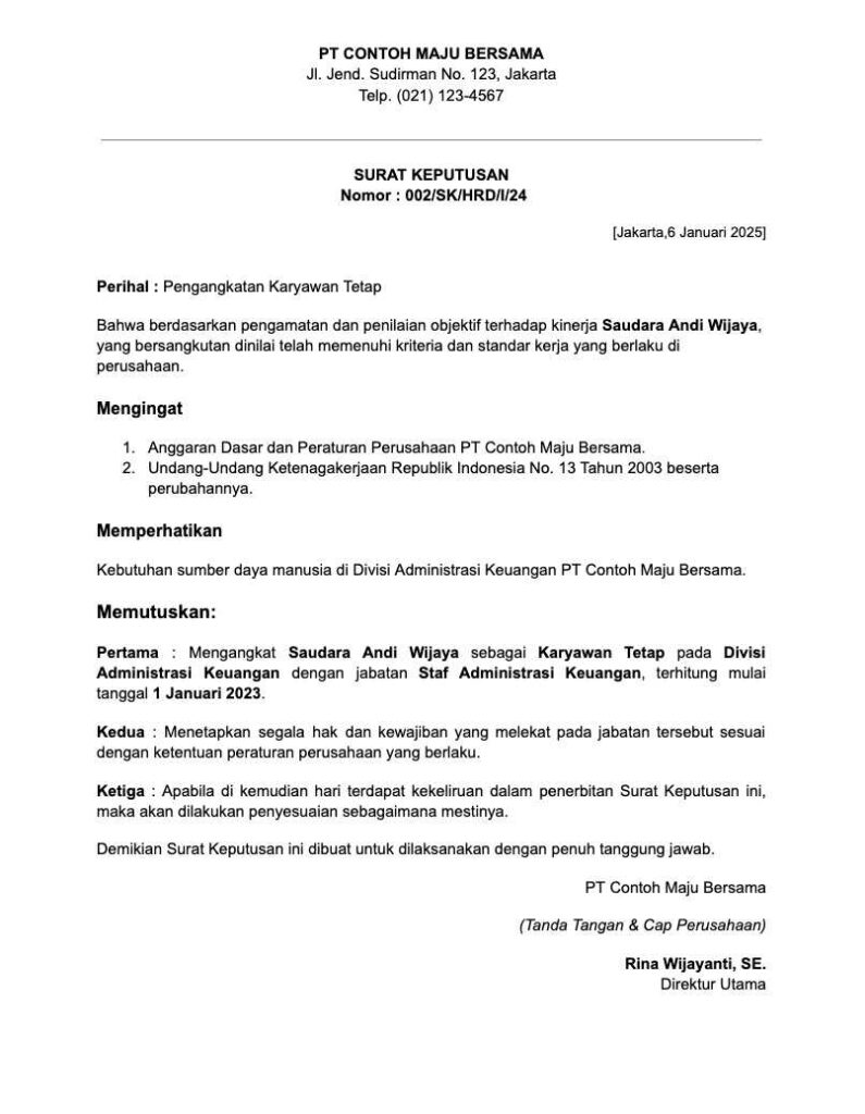 Download Contoh Surat Pengangkatan Karyawan Tetap