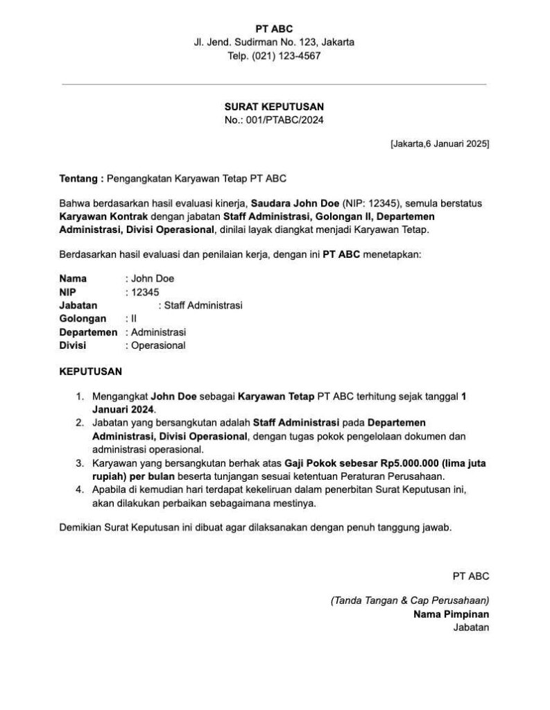 Download Contoh Surat Pengangkatan Karyawan Tetap