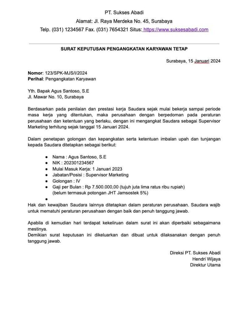 Download Contoh Surat Pengangkatan Karyawan Tetap