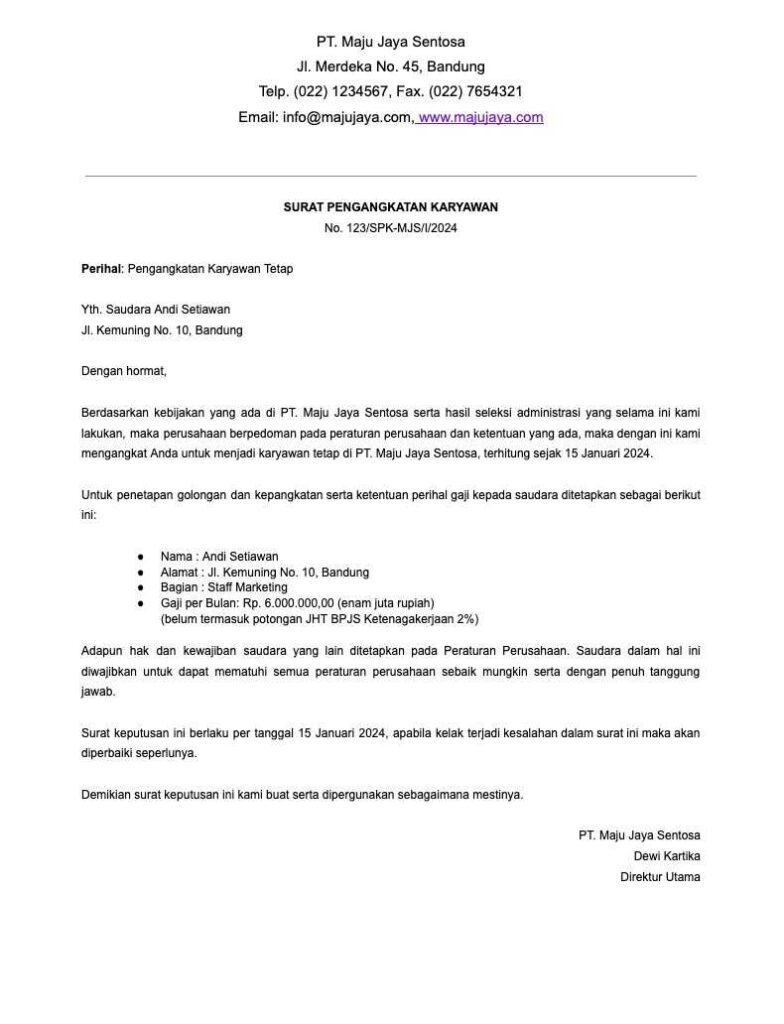 Download Contoh Surat Pengangkatan Karyawan Tetap