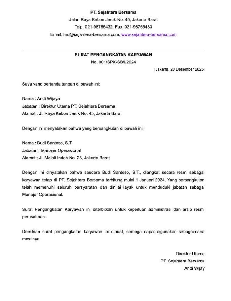 Download Contoh Surat Pengangkatan Karyawan Tetap