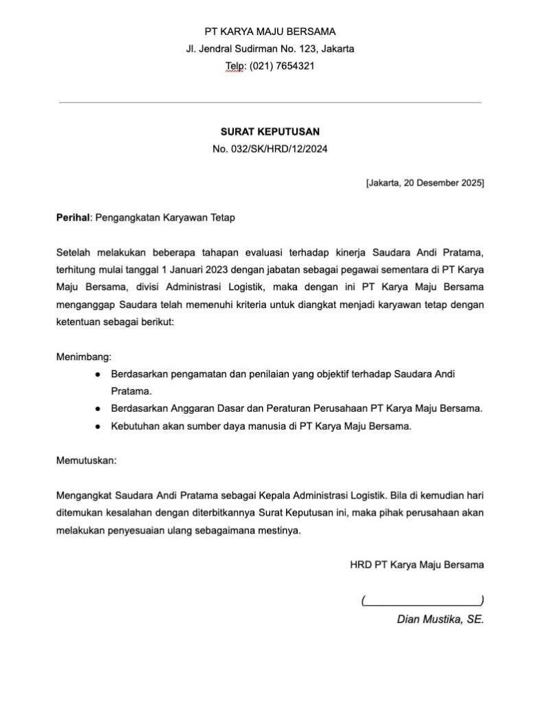 Download Contoh Surat Pengangkatan Karyawan Tetap