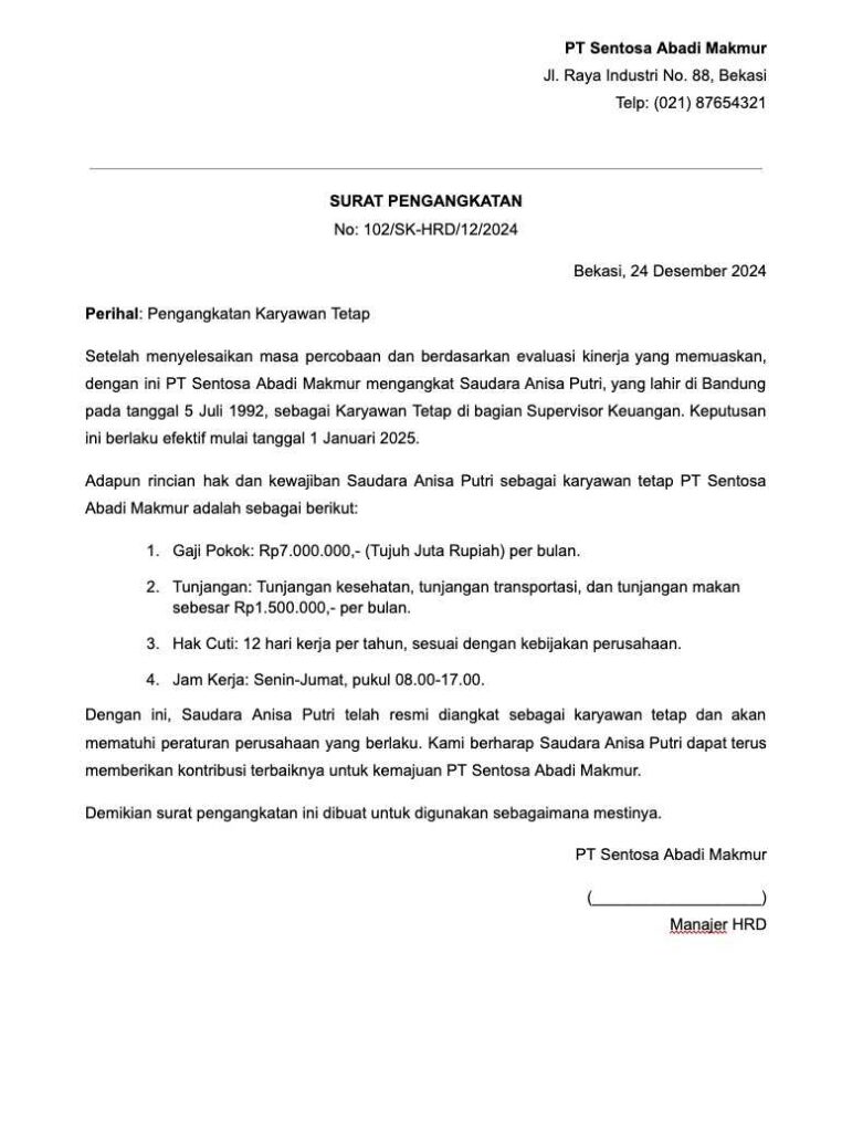 Download Contoh Surat Pengangkatan Karyawan Tetap