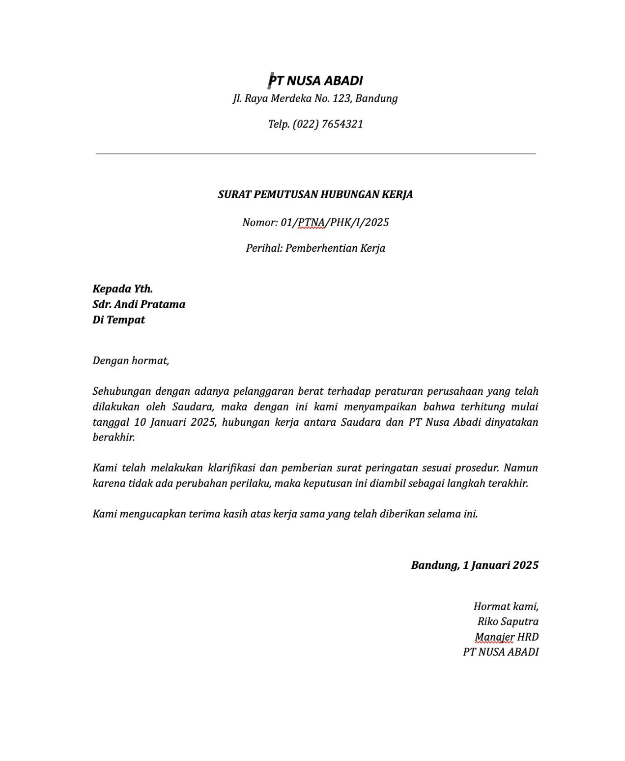 Contoh Surat PHK Karyawan Word