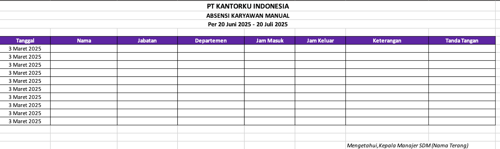 Download Contoh Absensi Karyawan Harian Manual