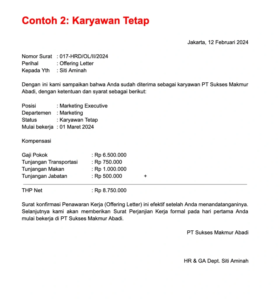 Download Contoh Offering Letter Karyawan Tetap