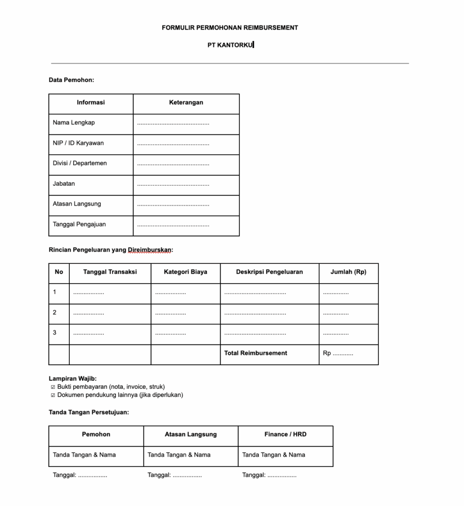 Download Contoh Form Reimbursement Sederhana