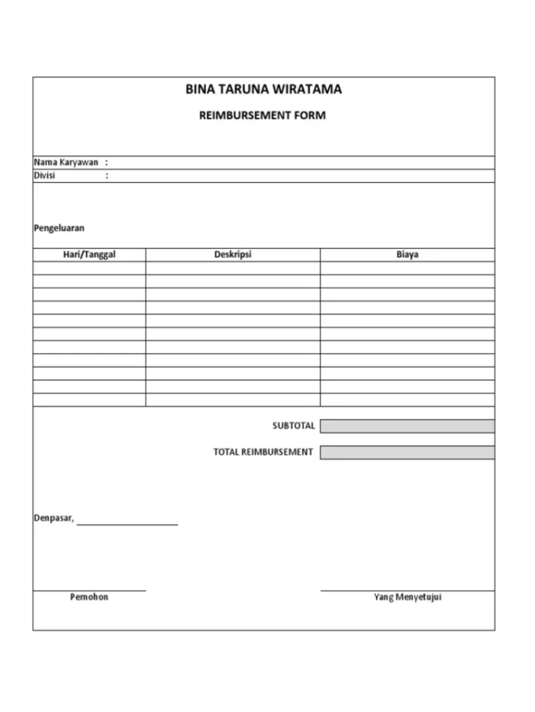 Contoh Form Reimbursement Word