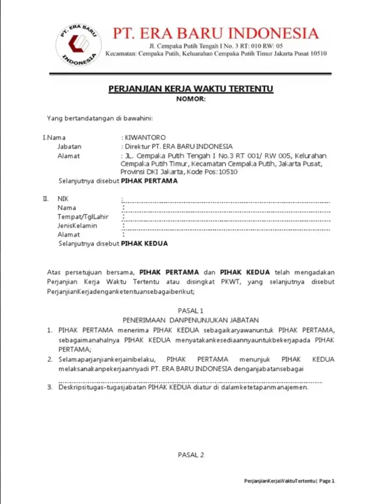 Contoh Kontrak Kerja PKWT | Sumber: Scribd