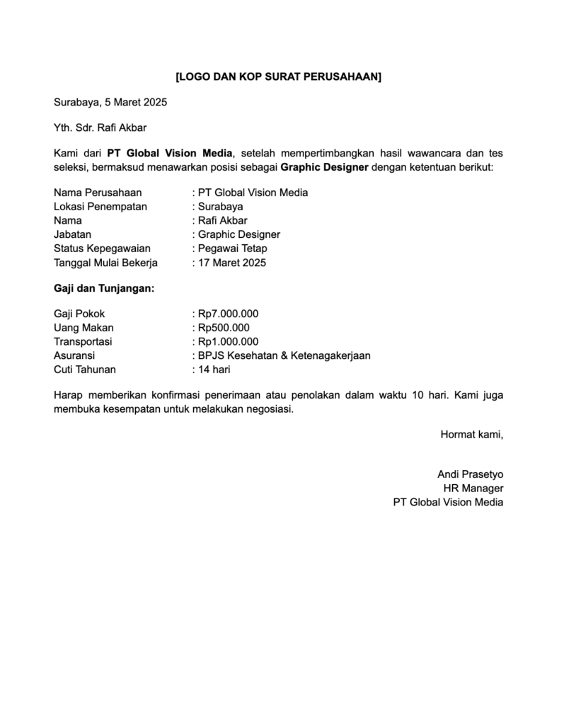 Contoh Offering Letter Perusahaan