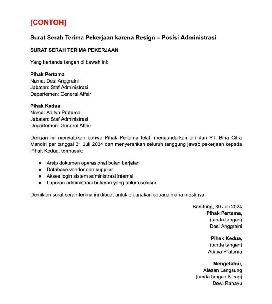 Download Contoh Surat Serah Terima Pekerjaan karena Resign: Posisi Administrasi