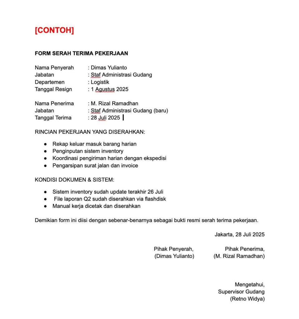 Download Contoh Surat Serah Terima Pekerjaan Word