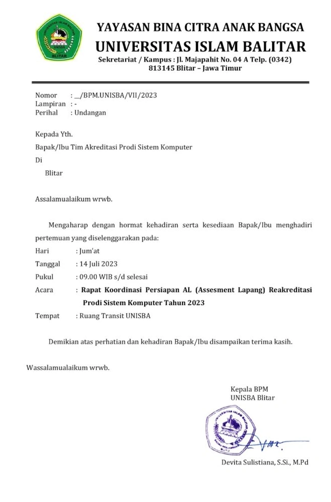 Contoh Surat Undangan Rapat Koordinasi Yayasan