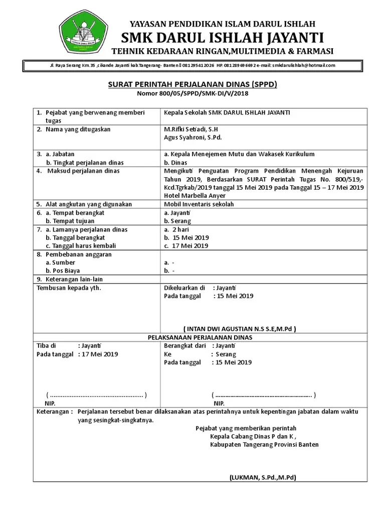 Contoh Surat Perjalanan Dinas Sekolah