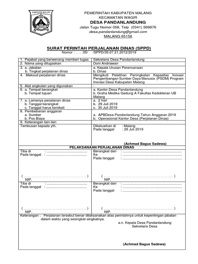 Contoh Surat Perjalanan Dinas untuk Proyek Desa