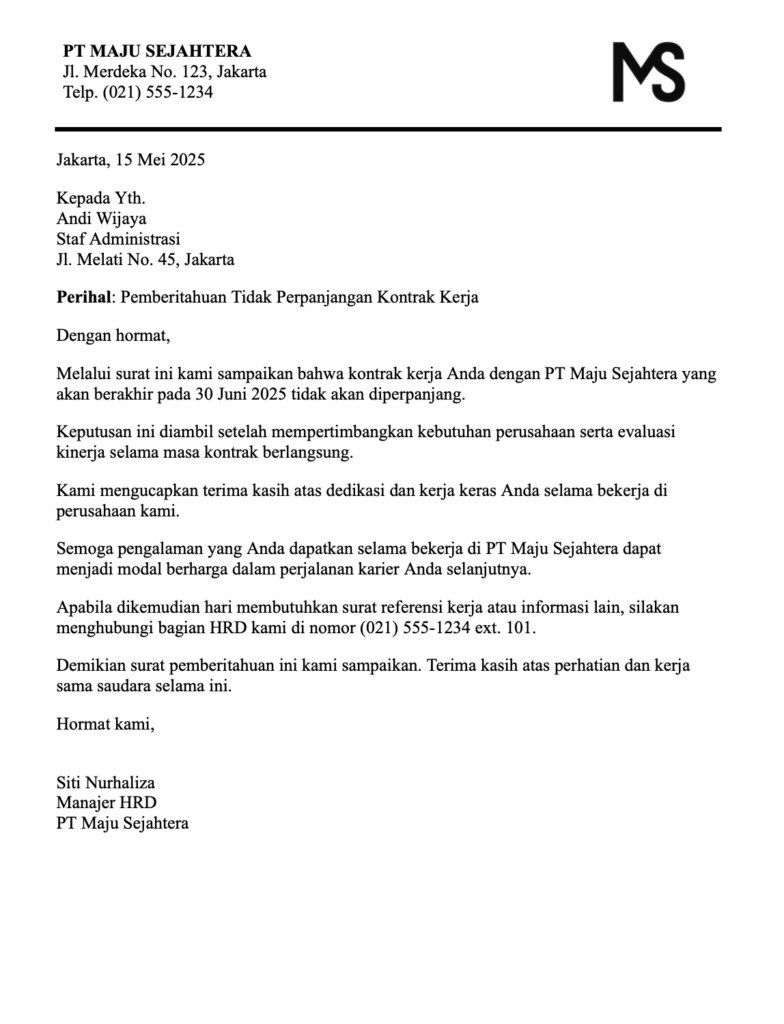 Contoh surat tidak memperpanjang kontrak kerja standar perusahaan