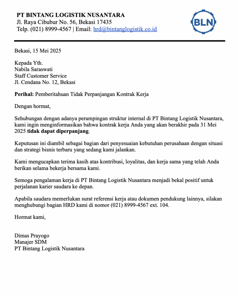 Contoh surat tidak memperpanjang kontrak kerja dengan alasan restrukturisasi perusahaan