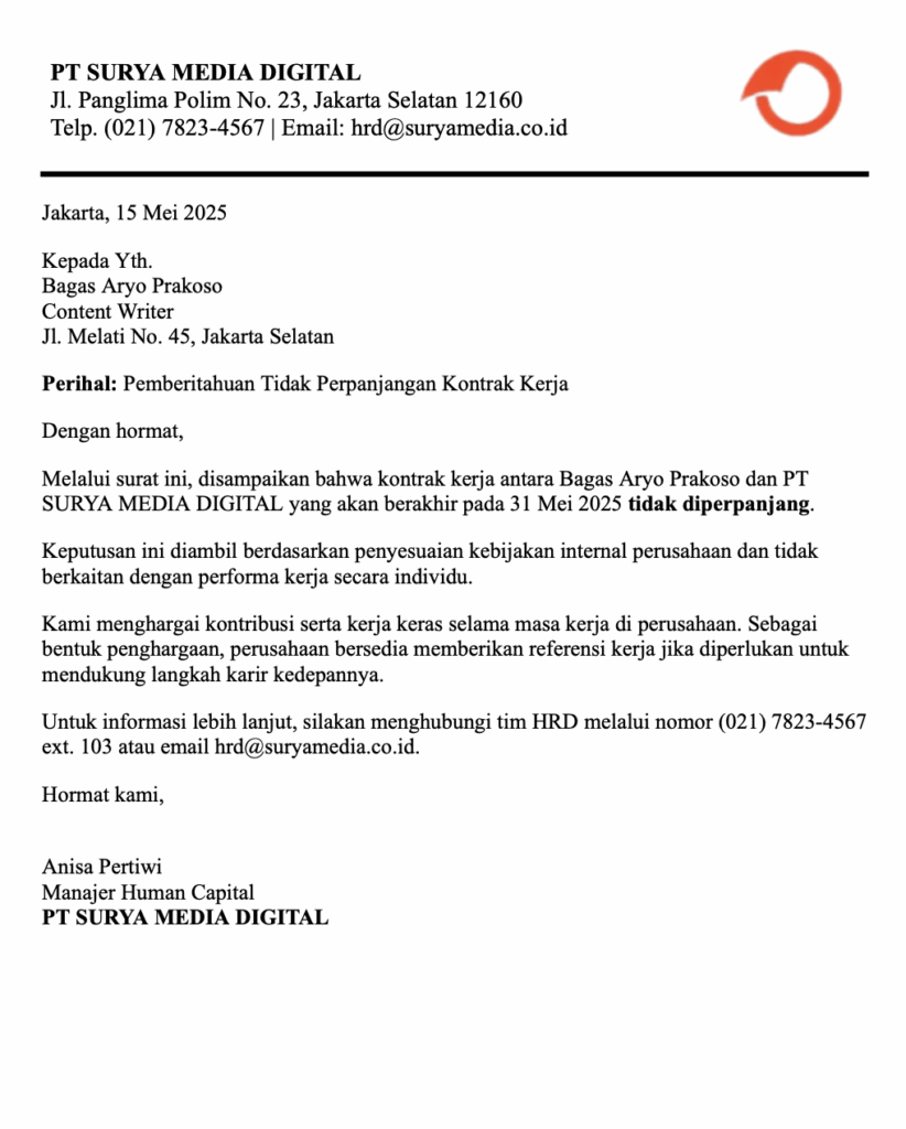 Contoh surat tidak memperpanjang kontrak kerja dengan rekomendasi pekerjaan