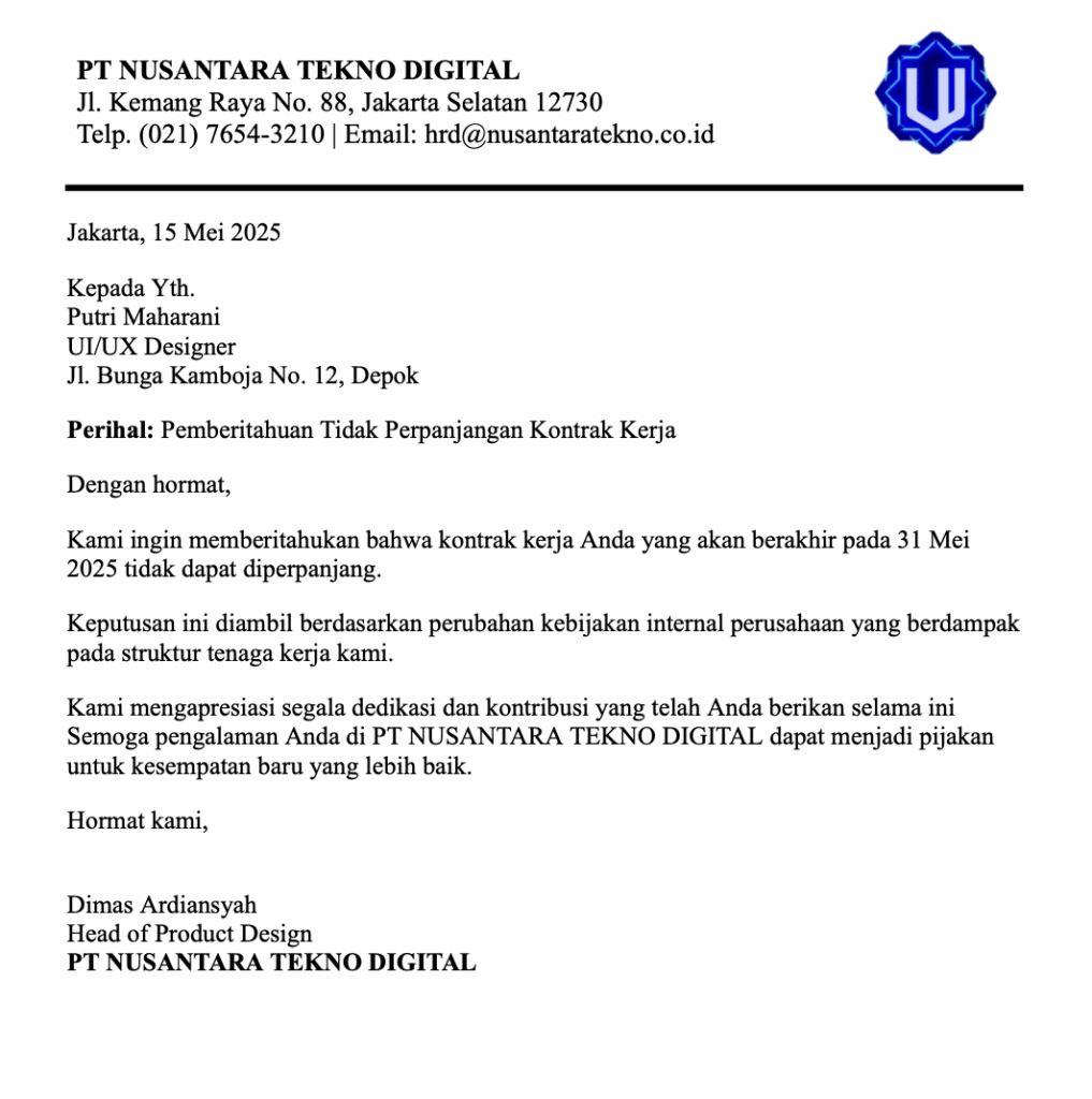 Contoh surat tidak memperpanjang kontrak kerja karena perubahan kebijakan perusahaan