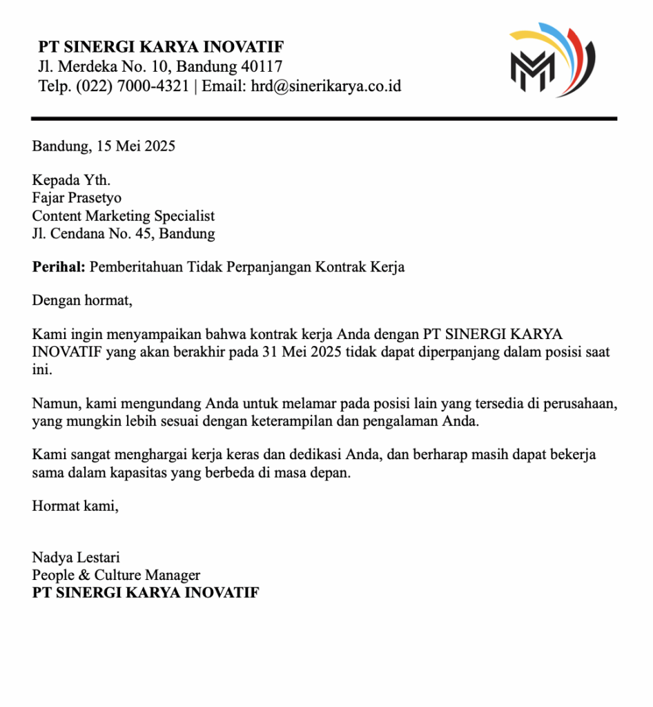 Contoh surat tidak memperpanjang kontrak kerja dengan tawaran posisi lain di perusahaan