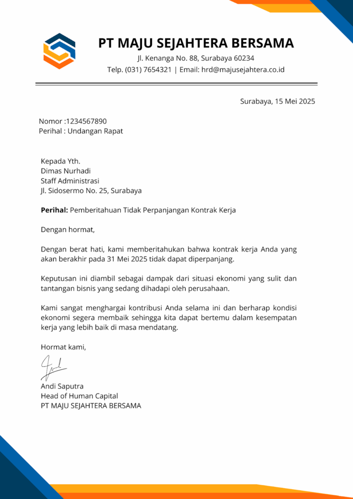 Contoh surat tidak memperpanjang kontrak kerja karena krisis perusahaan