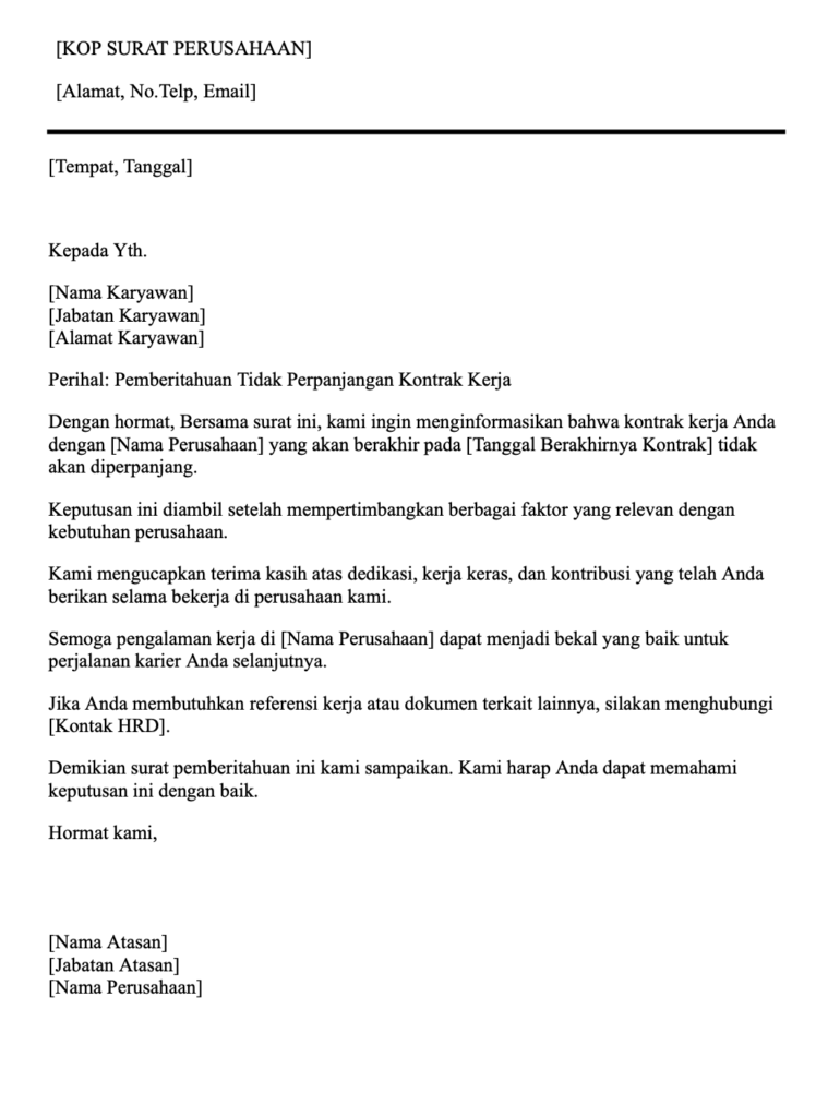 contoh template surat tidak memperpanjang kontrak kerja karyawan